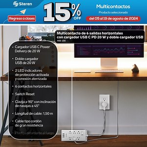 13K views · 60 reactions | ¡Empieza el nuevo ciclo escolar con la mejor tecnología! Aprovecha un 15% OFF en nuestro Multicontacto de 6 salidas horizontales con cargador USB CPD 20 W y doble cargador USB.  https://bit.ly/3YCr3GI Además de multiplicar tus conexiones, también protege tus equipos contra picos y recarga tu celular rápidamente. ⚡️ Promoción válida en productos seleccionados del 05 al 19 de agosto 2024 | Steren México | Facebook