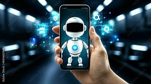 Virtual Assistant on Your Smartphone: A 3D Robot Interacts with Digital Icons, Showcasing AI Automation and Smart Devices