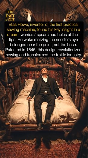 Elias Howe, inventor of the first practical sewing machine, got his idea from a dream. He noticed that warriors’ spears had holes at their tips and realized the needle’s eye should be near the point, not the base. Patented in 1846, Howe’s design changed sewing forever and transformed the textile industry. #HistoryFacts #EliasHowe #SewingMachine #Innovation #TheFactsSpot | The Fact Spot