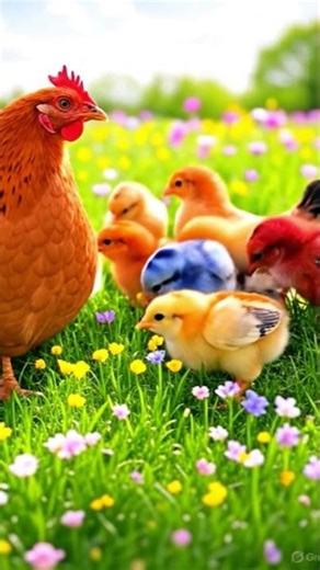 A rainbow flock of chicks brightens the meadow with their colors 🌈🐣🌸