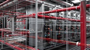 Dcim software. Data Center Infrastructure Management. A complex network of industrial pipes and cables overlain with digital schematic lines in a modern mechanical room. Stock Video