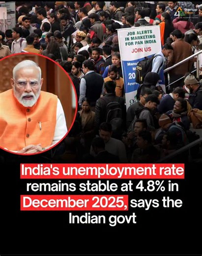 Startup Trion on Instagram: "India’s unemployment rate remained steady at 4.8% in December 2025, according to official data released by the Government of India. The figures indicate stability in the labour market despite global economic uncertainty, inflationary pressures, and ongoing structural changes across industries. A stable unemployment rate reflects: • Continued hiring momentum in key sectors • Resilience of India’s domestic economy • Impact of government-led employment and skilling init