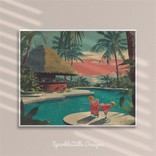 Tiki Bar Pool Wall Art, Tropical Resort Print, Retro Mid Century Poolside Poster, Vintage Summer Vacation Decor - Etsy
