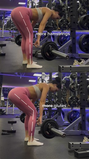 Tina - CPT & Nutrition Coach on Instagram: "HAMSTRING VERSUS GLUTE BIASED RDL⬇️ Whichever muscle (the hamstrings or glutes) has the greatest amount of stretch at the bottom of the rep, will have the greatest advantage to contribute to the force (since an RDL is a lengthened biased exercise) To maximize stretch on the hamstrings, focus on maintaining a minimal bend in the knees & simply just breaking at the hip as you hinge forward. Think “standing hamstring stretch” but under load😅 and while st