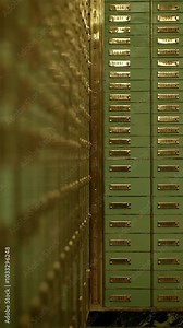 A unique collection of vintage safety deposit boxes found inside a banking vault setting