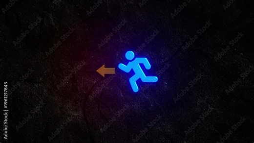 Neon glowing Exit with arrow video animation. Person and arrow icon with neon exit video animation on black background. Neon glowing emergency exit sign indicating. 3d left exit animation