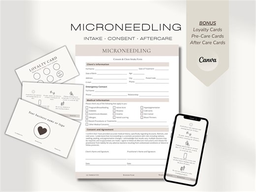 Microneedling Business Bundle | Consent, Intake, Aftercare, Loyalty Cards | Editable Canva Template Esthetician - Etsy Canada
