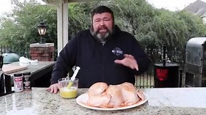 Spatchcock Smoked Turkey Recipe Ingredients - 18–20lb Whole Turkey - 2 cups Water - ¼ cup Butcher’s Bird Booster Injection - 2 Tabelspoons Killer Hogs AP Rub - 2 Tabelspoons Swine Life Mississippi Grind - 1 Stick Butter - 1 bundle Poultry Herbs (Rosemary, Thyme, Sage) - 3 cloves Garlic Directions 1. Thaw frozen turkey in refrigerator for 5 days; remove neck and giblet bag, rinse, and pat dry with paper towel. 2. Remove the tail with a sharp knife, flip the turkey breast side down and cut along e