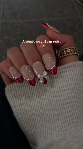 Stunning Red French Tips with Pearls for Valentine's Day