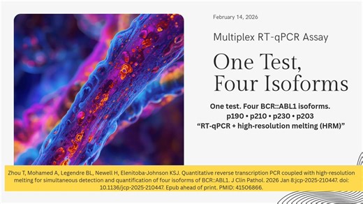 Zhou T, Mohamed A, Legendre BL, Newell H, Elenitoba-Johnson KSJ. Quantitative reverse transcription PCR coupled with high-resolution melting for simultaneous detection and quantification of four isoforms of BCR::ABL1. J Clin Pathol. 2026 Jan 8:jcp-2025-210447. doi: 10.1136/jcp-2025-210447. Epub ahead of print. PMID: 41506866.