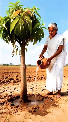 Grandmother saved the mango tree fron drying up by watering it #ai #tree #mango #cartoonAIHindi