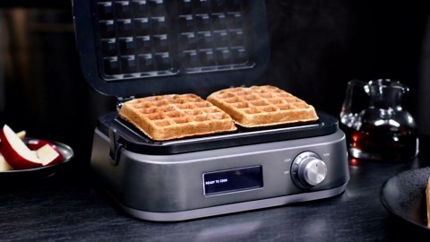 Calphalon Intellicrisp Belgian Waffle Maker with LED Display Timer and Ceramic Cooking Plates, Makes 2 Waffles, Dark Stainless Steel