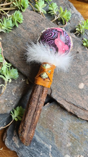 Shamanic hand painted pink river dolphins decorative Ayahuasca handle rattle animal spirit guide