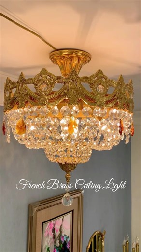 French Classic Antique Brass Crystal Ceiling Light