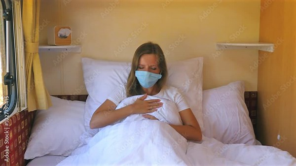 Woman wearing face mask, sitting on bed and coughing, inside cozy home environment, Motherhood and Health Safety.