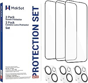 Maksot 3 Pack Full Screen Protector for iPhone 15 Plus with 3 Pack Camera Lens Protector (iPhone 15 Plus [6.7 inch])