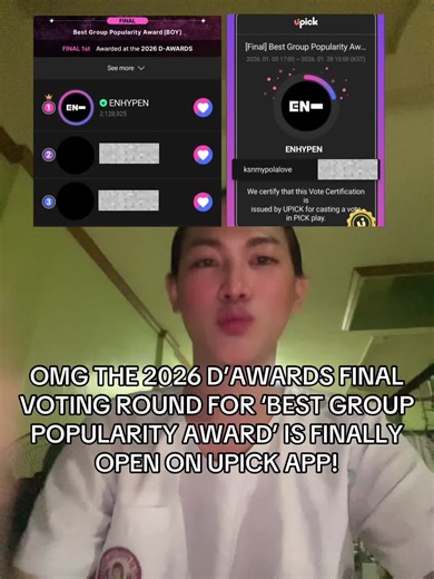 sorry for the late update i was at the lab when the final voting round has started! PLEASE START SAVING AND COLLECTING BLUE JAMS ON UPICK! Do your attendance everyday and keep on watching ads! Create more accounts!!! You can create as many as you want in one device! Let’s win this DAESANG for ENHYPEN! Vote ENHYPEN on UPICK now! #enhypen #engene #ksnmypolalove #BestGroupPopularityAward #voteenhypen