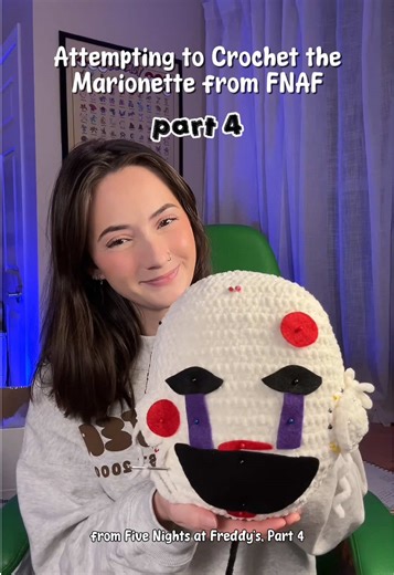 Day 4 of trying to crochet the puppet from FNAF!! Sewing the face details was 90% staring at the face to make sure it looked right and 10% sewing!! Hoping on day 5 I can have all the felt sewn on because sadly, today I didn’t have a lot of time! (I’m ready to be done with the head and move onto the body…) #fnaf #crochet #fivenightsatfreddys #crochettok #amigurumi