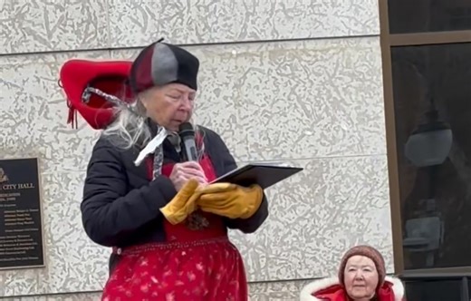 Bev Muendel-Atherstone, chair of Lethbridge FoM, spoke to over a 100 protesters at Saturday January 10th Lethbridge Pride rally. | Friends of Medicare - Lethbridge Chapter