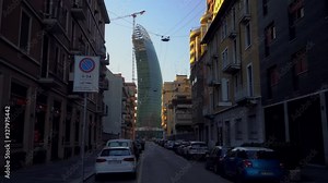 Aerial drone view of the new residence of the residence. Solar panels. The city of the fashion industry. Modern architecture of residential and business buildings in City Life. Milan, Italy April 2022