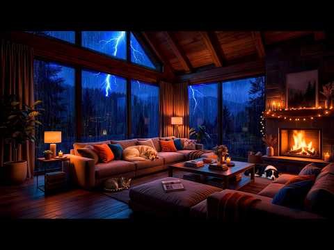 Deep Sleep Rain & Thunder Sounds 🌧️ Cozy Cabin Room with Fireplace & Sleeping Pets 💤