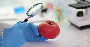 Scientist examines tomatoes with a magnifying glass in laboratory