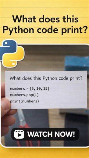 Codecraze on Instagram: "🐍 Day 17 — Python Logic Challenge What does this Python code print? 🤔 numbers = [5, 10, 15] numbers.pop(1) print(numbers) If you think you know the answer, drop it in the comments before checking the result! 👇 Learning Python isn’t about memorizing syntax — it’s about understanding how data changes step by step. Small logic questions like this help you build strong problem-solving skills and make you a better programmer every single day. 🔥 Follow for daily Python cha