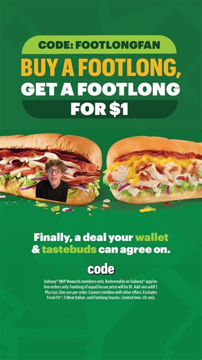 Buy a footlong, get a footlong for $1. Celebrate National Sandwich Day with your unique creations! Code: FOOTLONGFAN | Subway | Facebook