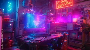 A cluttered computer desk in a cyberpunk setting, illuminated by neon lights, A cyberpunk computer, with neon lights, urban decay, and a gritty aesthetic