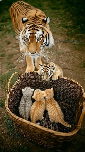 Baby Tiger’s Gentle Heart: Protecting Three Tiny Kittens in a Basket