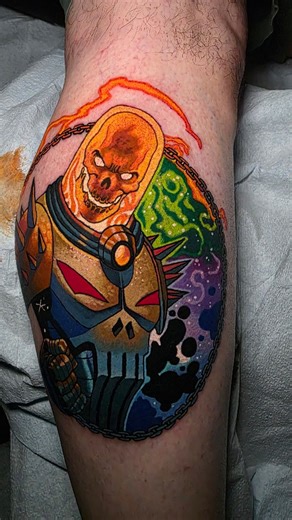 This was a freaking blast! Cosmic Ghostrider! If you don't know the character story, it's worth the read. OG art was made by CLStevens Art. I tried to emulate a few if his textures from his painting. Beautiful art. Go look. Thanks Rook! #cosmicghostrider #ghostrider #punisher #tattoo #marvel | Artist Kyle Chaney