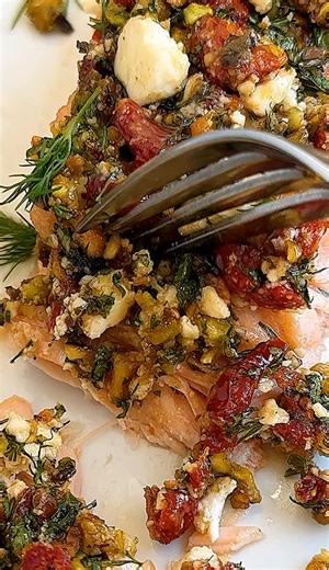 Slow roasted salmon with Mediterranean flavors