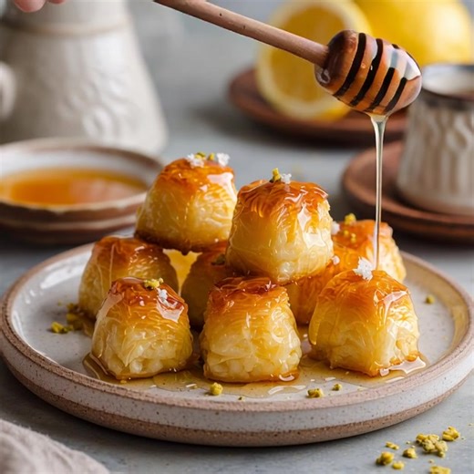 🍯✨ Galaktoboureko Bites (Mini Greek Custard Phyllo Parcels) 🇬🇷 Crispy, creamy, and soaked in golden syrup these bite-sized treasures capture the soul of Greece in every delicious mouthful! 🥰🥧 These dainty treats combine the buttery crunch of phyllo, the silky smoothness of semolina custard, and a drizzle of lemon-honey syrup that makes them irresistible. 🌼 They’re perfect for gatherings, tea time, or festive platters a true Greek delight made small, but with big flavor and heart. 💛 🧈 Ing