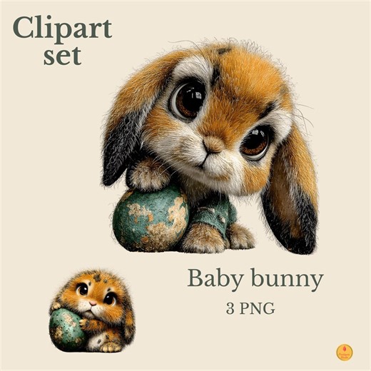 Baby Bunny Clipart Set – Cute Bunny Illustration With Egg, Spring Animal Clipart - 3 PNG - Digital Download - Etsy