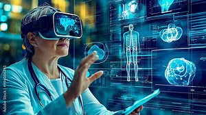 Doctor using virtual reality headset for medical visualization and diagnostics, highlighting healthcare technology, innovation, and VR in medicine.