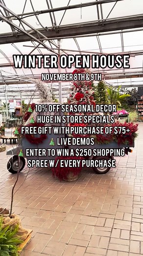 MARK YOUR CALENDARS! 🗓️ Join us for our Winter Open house next Saturday, November 8th & Sunday, November 9th! ❄️ 🎁 10% OFF seasonal decor 🎄 HUGE in store specials ✨ Free gift with purchase of $75 🍃 Live demos (sign up online) 🏆 Enter to win a $250 shopping spree with every purchase Let the holiday magic begin! 🎉 | Cedar Rim Nursery