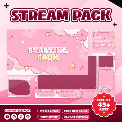 Sweet Cloud Animated Stream Overlay Pack for Twitch Kick Youtube – Pastel Pink Cute Theme Puffy Clouds, Kawaii Flowers, and Sparkling Stars - Etsy