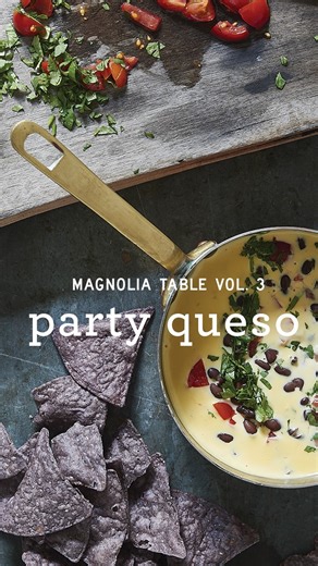Magnolia Table on Instagram: "Ready to party? We’ve got the dip for you. Try it at home with the recipe below (and in Magnolia Table Volume 1). Ingredients: 2 tablespoons salted butter 1 medium white onion, finely diced 1 jalapeño (ribbed and seeded if desired), finely diced 2 pounds processed cheese, such as Velveeta, cut into 2-inch cubes 3 cups heavy cream One 15-ounce can pinto beans, rinsed well and drained One 15-ounce can black beans, rinsed well and drained (see Tip) 2 cups diced (¼-inch