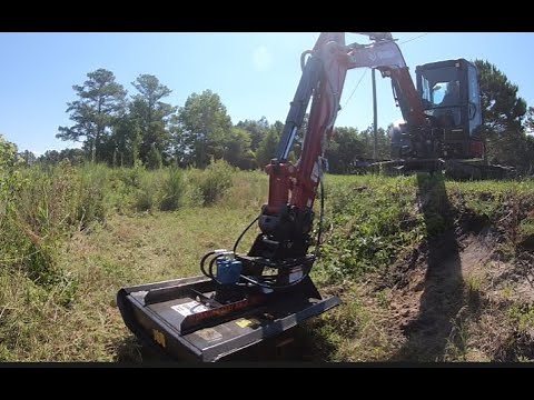 Yanmar VIO-55 With 42" Rut MFG Rotary Cutter In Action Clearing Ditch-Ponds & 20' Creek Slopes...