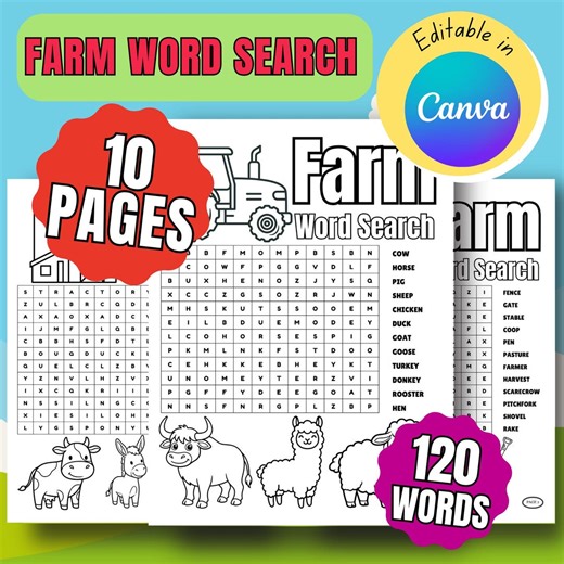 Farm Word Search Printable, Party Game, Educational Activity (canva Editable) - Etsy