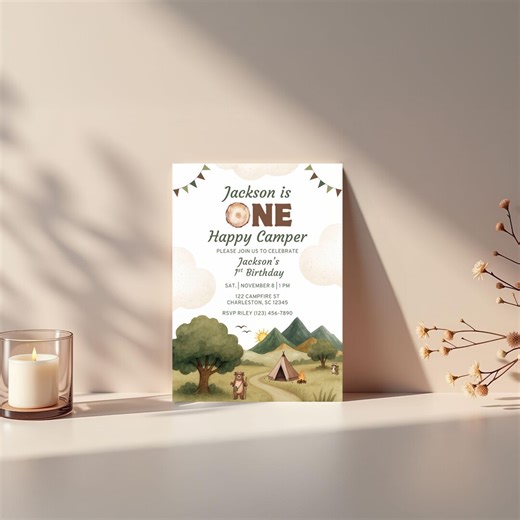 One Happy Camper First Birthday Invitation Camping Birthday First Birthday Woodland Happy Camper Invite Printable Canva Template A002 - Etsy