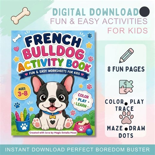French Bulldog Activity Book for Kids Ages 3-8 | Dog Coloring, Tracing Worksheets (PDF Download) - Etsy