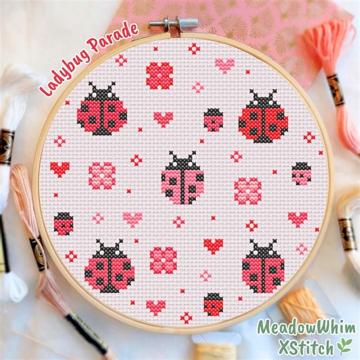 Ladybug Parade Cross Stitch Pattern,cute Ladybugs Flowers,red Black Insects Embroidery,spring Garden Needlework,wall Art,printable Chart - Etsy