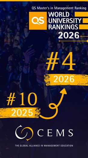 CEMS on Instagram: "🎉 CEMS jumps to 4️⃣th place in the world! Big news! The CEMS Master in International Management (MIM) has climbed from #10 to #4 globally in the QS MiM Ranking 2026 — with a stellar score of 92.7/100! 💥 This win belongs to our entire CEMS family — students, alumni, academic members, and corporate partners. 💛💙 Thank you for making the CEMS MIM truly world-class! Together, we’re stronger, making a greater impact, and… officially ranked among the 