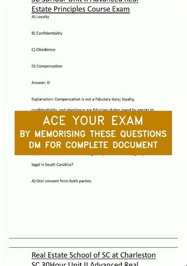 Real Estate School of SC at Charleston SC 30Hour Unit II Advanced Real Estate Principles Course Exam