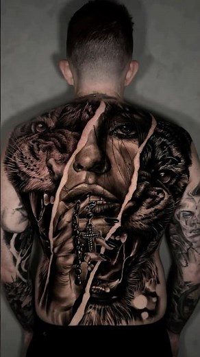 🖤 Full Back Realism Tattoo | Woman & Tigers Black & Grey 🐅