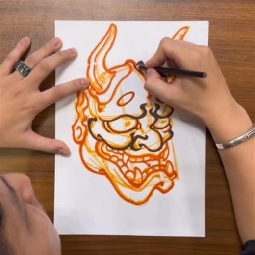 Tạ Duy Thành on Instagram: "Hannya | Japanese Traditional Tattoo Drawing Process This video shows a timelapse of me drawing a Hannya mask using my usual Japanese traditional tattoo workflow. I start by blocking in the head with simple construction shapes, using a circle and a tilted plane to set the structure and proportions. A horizontal guideline helps place the eyes, sitting roughly at one third of the head. I keep the sketch loose with a light marker so I can freely adjust shapes in the earl