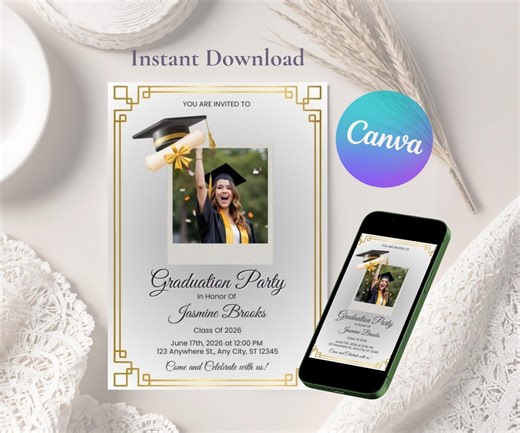 Graduation Photo Invitation Template, Editable Grad Party Announcement, Elegant Gold Frame Card, Senior Event Invite, Canva Download - Etsy