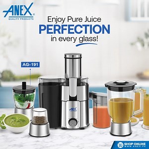 5K views · 37 reactions | Fresh juice made simple! Anex AG-191 Deluxe Juicer Blender Grinder 4 in 1 delivers quick and easy pure juice perfection in every glass. Want to place order for your favorite appliances? Visit www.Anex.pk now! #anexpakistan #homeappliances #kitchenappliances #juicer #blender #grinder #smarthomesolutions #innovativeappliances | Anex Pakistan | Facebook