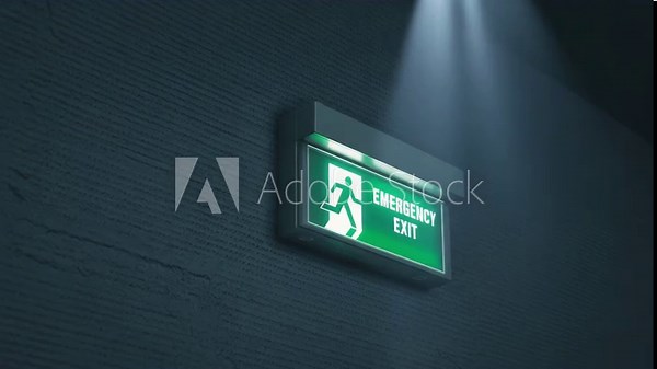 Emergency exit sign illuminated in dark building corridor emergency exit sign night time warning sign night time safety signage wall mounted sign emergency sign modern warning signage